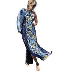 Joie Annati Printed Blue Floral Silk Chiffon Crew Neck Maxi Dress Size Small